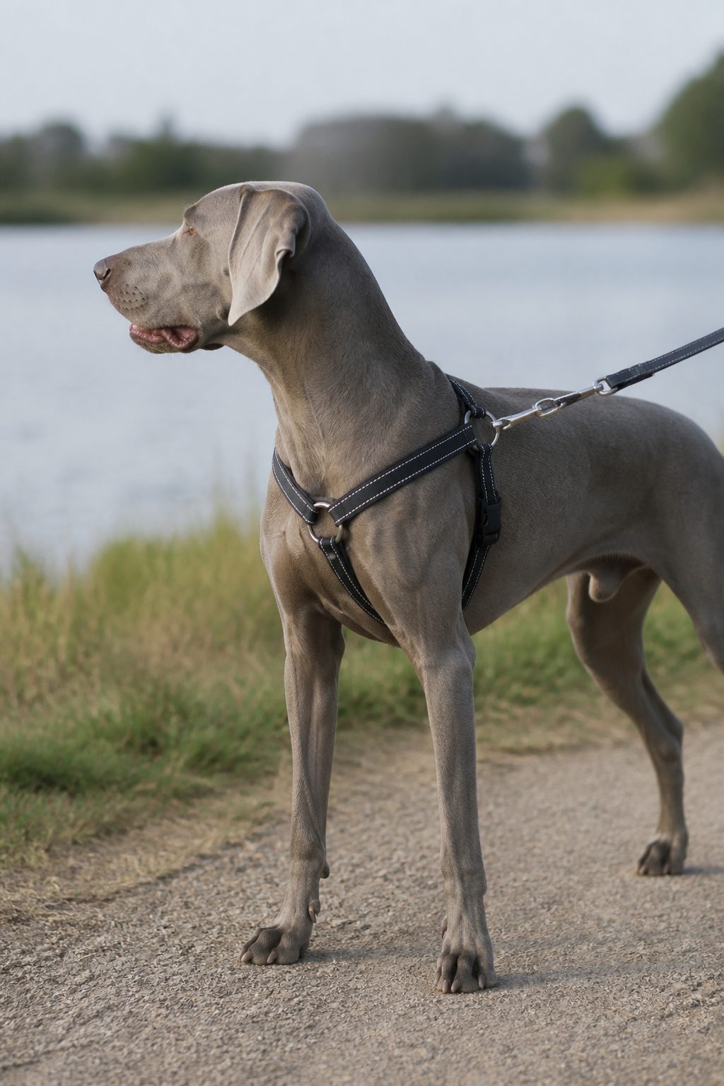 Un salon lumineux en fin de matinée, un caniche nain noir assis sur un tapis clair près d'une laisse posée au sol, plan rapproché à hauteur du chien, lumière naturelle venant d'une fenêtre latérale.