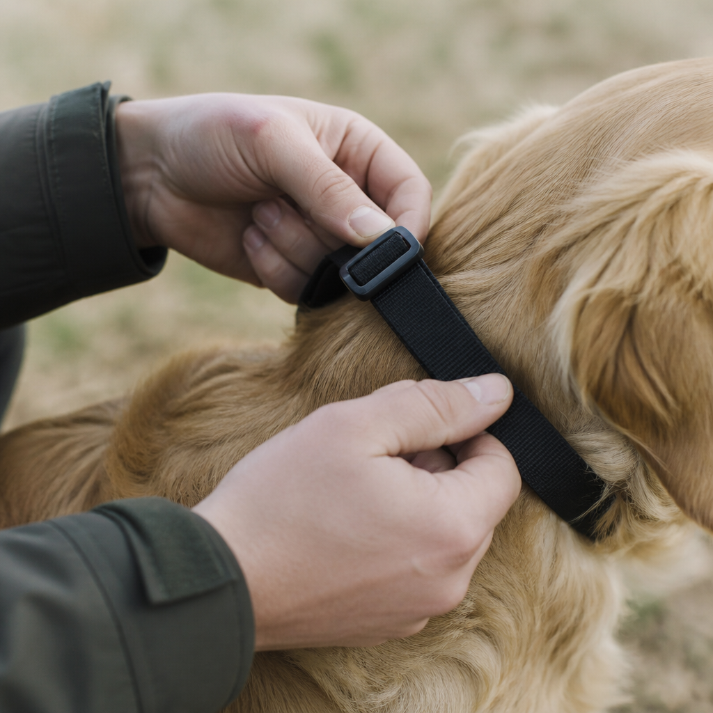 Mains réglant la sangle d'un collier d'éducation sur l'encolure d'un chien, deux doigts glissés sous la sangle