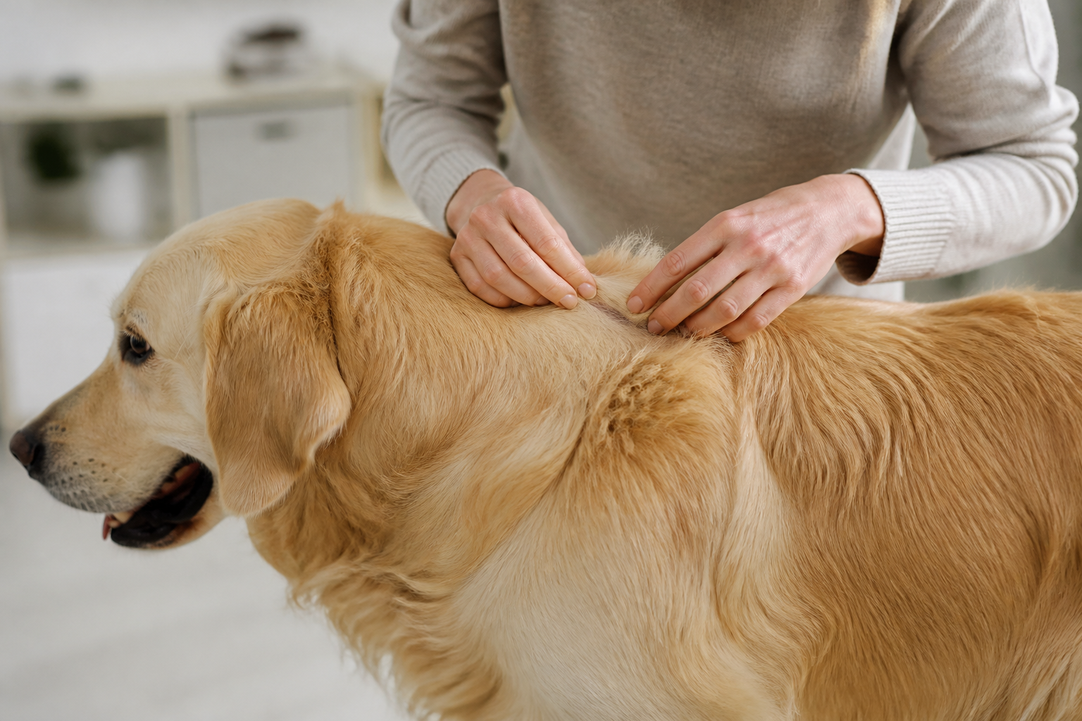 Inspection du pelage d'un chien à la recherche de tiques, poils écartés à deux mains derrière l'oreille