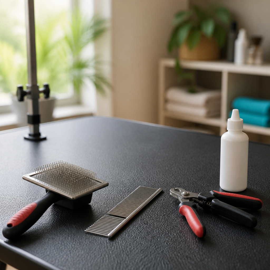 Table de toilettage avec brosse carde, peigne métallique, coupe-griffes et flacon de nettoyant auriculaire